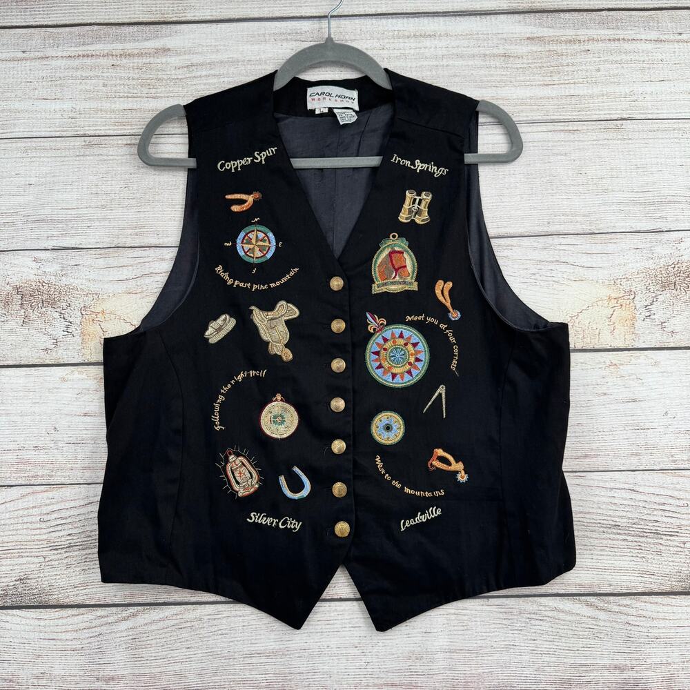 Carol‎ Horn Workshop Embroidered Equestrian Vest Womens Large Black